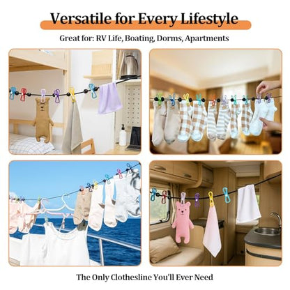 Travel Clothesline Retractable Portable Clothesline with 12 Clips Portable Elastic Camping Clothes Line with Anti-Slip Beads & Stainless Hooks for Hotel, RV, Boat, Outdoor Use (2 Pack) - size: 2 Pack