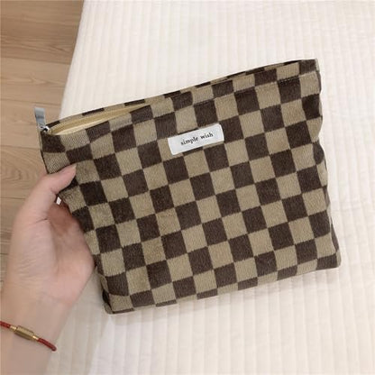 Wudygirl Travel Cosmetic Bag Checkered Makeup Bag Canvas Makeup Pouch for Women Toiletry Pouch Large Capacity Make up Organizer with Zipper Aesthetic (Brownish Checkered) - color: Brownish Checkered