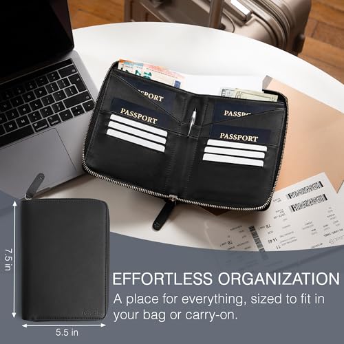 Full Grain Leather Family Passport Holder for 4 Passports - RFID Passport Holder and Travel Document Organizer - Large Leather Travel Wallet for Families - Black - color: Black