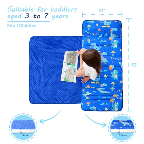 Lasoftan Toddler Nap Mat with Pillow and Blanket, Extra Large Rolled Napping Mats,Slumber Bags for Boys Girls,Kids Sleeping Bag for Daycare, Preschool Travel Camping - color: Blue Dinosaurs
