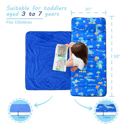 Lasoftan Toddler Nap Mat with Pillow and Blanket, Extra Large Rolled Napping Mats,Slumber Bags for Boys Girls,Kids Sleeping Bag for Daycare, Preschool Travel Camping - color: Blue Dinosaurs