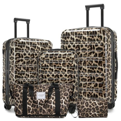 LARVENDER Luggage Sets 5 Piece Hardside Expandable Suitcase with Wheels Lock,PC+ABS Hardside Lightweight Rolling Suitcase for Women and Men,Cheetah - color: Cheetah, size: 5 Piece Set (20/24/28/DB/TB)