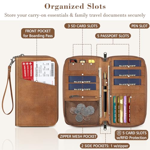 Fintie Family Passport Holder Wallet, RFID Blocking Travel Document Organizer Clutch Bag Credit Cards Case Cover for Women Men - color: Brown
