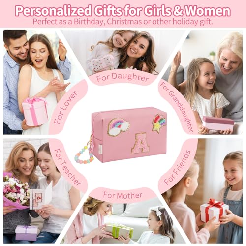 Initial Makeup Bag for Girls, Cute Makeup Bag Small Cosmetic Bag Travel Make Up Organizer Pouch, Birthday Gifts for Girls 4 5 6 7 8 9 10 11 12 13 14 15 Years Old, Teen Girls Gifts Trendy Stuff - color: Pink + Bracelet, style: A