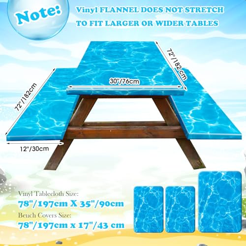 Boao 3 Pcs Vinyl Picnic Table Cover with Bench Cover 6 ft 30 x 72 Inch Waterproof Fitted Tablecloth Flannel Backing Rectangular Elastic Edged for Camping Outdoor Patio Travel(Seawater) - color: Seawater