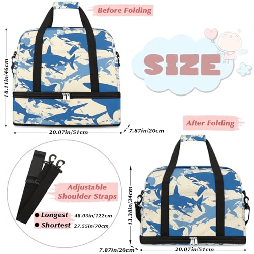 Travel Duffel Bag Shark Themed Weekender Bag with Shoe Compartment Foldable Overnight Bags for Travel Sports Lightweight Gym Bags for Men Women - color: Shark Themed