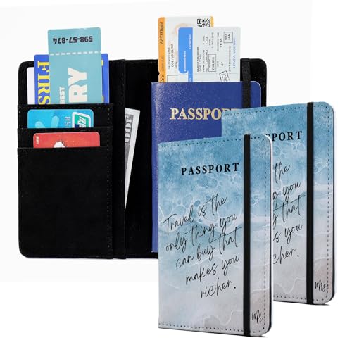 Passport Book Holder,Passport Wallet for Men Mr and Mrs Passport Holder for Women Passport Cover World Map Passport Case for Couples Christmas Traveling Passport Book Protector 2PCS - color: Travel Beach Ocean Couple-2Pcs