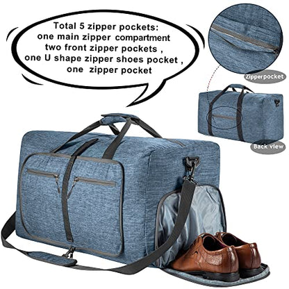 Vomgomfom 65L/85L/115L Foldable Travel Duffle Bag, Lightweight Checked Luggage with Shoe Compartment, Water-Resistant Weekender Overnight Bag for Men & Women - color: C Blue, size: 115L