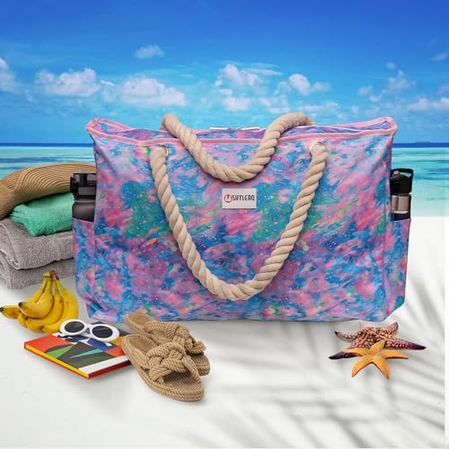 Beach Bag and Pool Bag Has Cooler Pocket, 7 Pockets Total, Zip Top. Family Size Waterproof Beach Tote - color: Northern Lights
