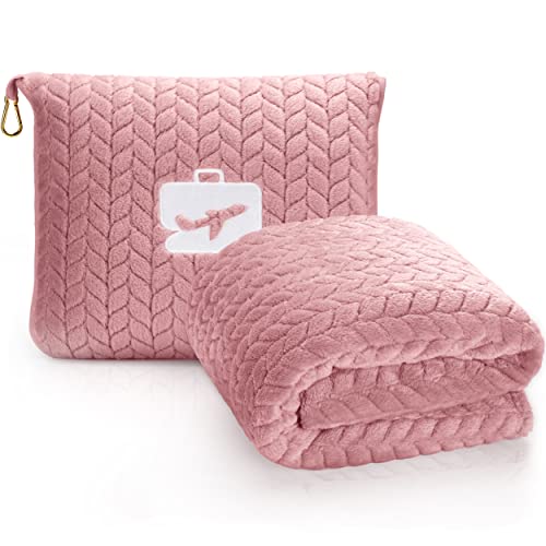 EverSnug Travel Blanket & Pillow 68x42 - Premium Ultra-Soft Microfleece 2 in 1 Compact & Packable Flight Blanket with Soft Bag Pillowcase, Hand Luggage Sleeve and Backpack Clip (Light Pink) - color: Light Pink