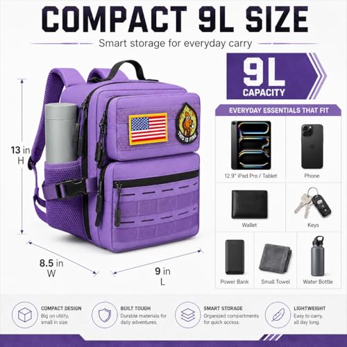 9L Mini Tactical Backpack for Men Women,Small Military Tactical Backpack for Sport,Gym,Hiking,Travel,Camping (Purple) - color: Purple