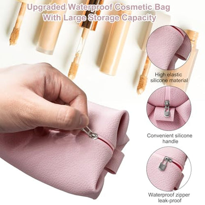 Portable Silicone Makeup Bag, Large Waterproof Makeup Brush Bag,Bathroom Travel Bag,Upgraded Leakproof Zipper Makeup Box,Suitable for Mens Womens(Pink)
