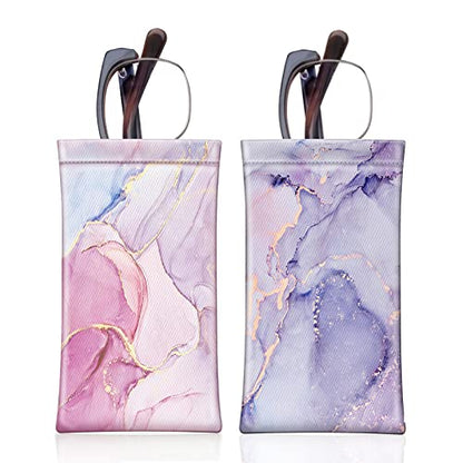 [2 Pack] Fintie Eyeglasses Pouch with Cleaning Cloth, Portable Squeeze Top Leather Glasses Case Sunglasses Bag, Glittering Marble + Lilac Marble - color: Glittering Marble + Lilac Marble