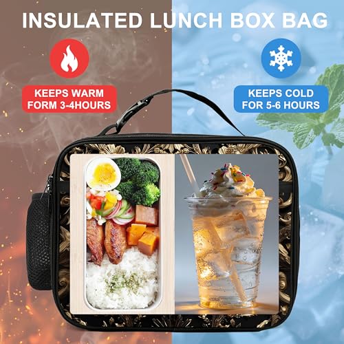 Skull Floral Lunch Bag Insulated Reusable Lunch Box Cooler Thermal Tote Bag For Teenage Boys Girls School Beach - color: Skull Floral