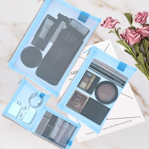 EASYFUN Mesh Pouch, Make up Bag with Zipper Cosmetic Organizer Pouch for Daily or Travel to Keep Small Items, 4 PCS Blue - color: Light Blue