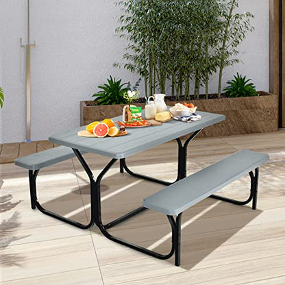 S AFSTAR Picnic Table Bench Set, 59” Expanded Rectangular Picnic Table, Outdoor Table and Bench with Steel Frame & Wood-Like Texture Tabletop, Camping Table Chair Set for Garden Lawn Deck (Gray) - color: Grey