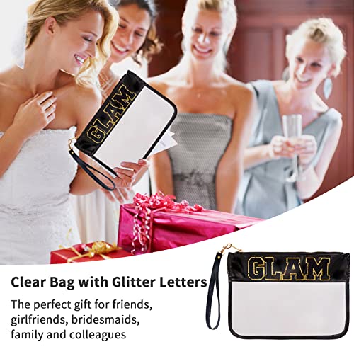 Iqimott Chenille Letter Bag Clear Flat Pouch, Monogram Glitter Letter Patch Makeup Cosmetic Bag Zipper Toiletry Pouch, Portable Travel Beach Snack Wristlet Bag for Women Girls(Black) - color: Glam-Black