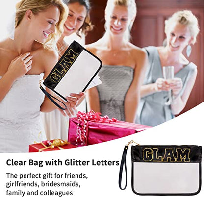 Iqimott Chenille Letter Bag Clear Flat Pouch, Monogram Glitter Letter Patch Makeup Cosmetic Bag Zipper Toiletry Pouch, Portable Travel Beach Snack Wristlet Bag for Women Girls(Black) - color: Glam-Black