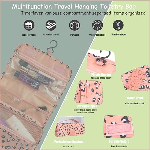 L&FY Hanging Travel Toiletry Bag Women's Cosmetic Organizer Makeup Pouch Men's Dopp Kits With Handle(Pink Leopard) - color: Pink Leopard, size: Compact Size