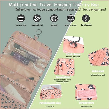 L&FY Hanging Travel Toiletry Bag Women's Cosmetic Organizer Makeup Pouch Men's Dopp Kits With Handle(Pink Leopard) - color: Pink Leopard, size: Compact Size