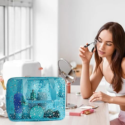 Holographic Star Large Light Blue Makeup Cosmetic Organizer Bag and Travel Pouch with Handle,Durable Material,Zipper Design-Ideal for Makeup,Travel Essentials (Blue) - color: Blue