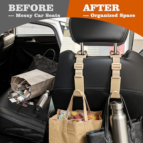Amooca Car Headrest Hooks 4 Pack Adjustable Universal Fit Auto Seat Back Organizer Storage Hanger Purse Bags Holder with Clip Beige - color: Beige