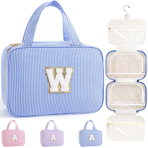 TOPEAST Hanging Toiletry Bag for Women - Travel Toiletry Bag Makeup Bag, Portable Toiletries Cosmetic Bag, Airplane Travel Essentials - Letter W, Blue - color: Blue, style: W