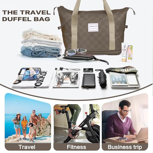 Expandable Rolling Duffle Bag - Large Carry-On With Spinner Wheels, Foldable Weekend Travel Bag, 28-58L Capacity（BackpackKhaki Checkboard） - color: Backpack-Khaki Checkboard, style: Backpack