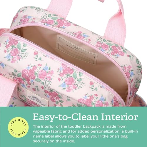 Itzy Ritzy Toddler Backpack - Daycare Bag - Features Adjustable Shoulder Straps, 2 Side Pockets & Spacious Interior with Wipeable Fabric Lining & Name Label, Ribbons & Roses Backpack - color: Ribbons
