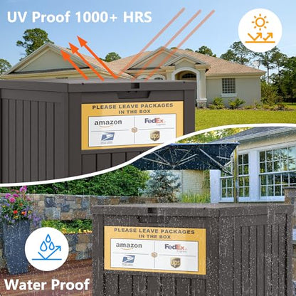 LHBGO Package Delivery Box for Outside, with Delivery Sign 48 Gallon Storage with Lockable Secure, Large Resin Outdoor Package Drop Container - color: Brown with Delivery Sign