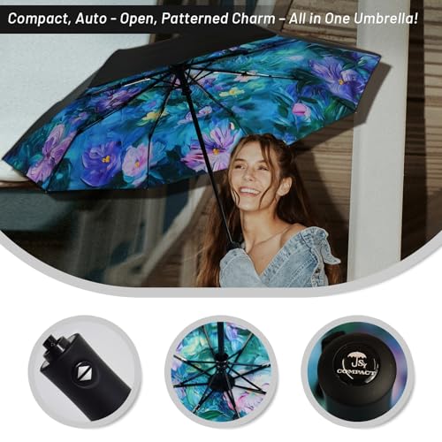 SY COMPACT Travel Umbrella - Windproof Automatic Compact Umbrella for Rain, Lightest 8-Rib, Small, Strong & Portable, Durable Grip, Fits Backpack & Car, Factory Direct (UV Available) - color: UPF-Iris