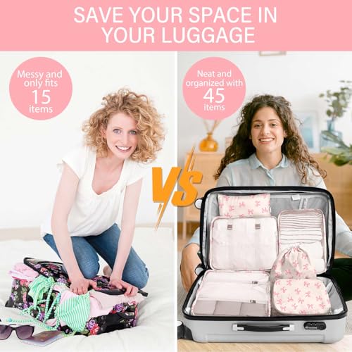 KPX 8 Set Packing Cubes for Travel, Luggage Packing Organizers Accessories Large Toiletries Bag for Clothes Shoes Cosmetics (8Set-Pink Bow) - color: 8Set-Pink Bow