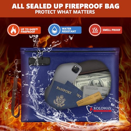 ROLOWAY Fireproof Document Bag (14.5 x 11.5 inch), 6400℉ Fireproof Money Bag with Zipper for Cash, Fire Safe Money Pouch with Lock (Blue) - color: Blue