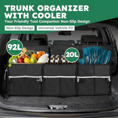 112L Large Capacity Car Trunk Organizer with 20L Insulated Fresh-Keeping Bag, Heavy-Duty 600D Waterproof Oxford Collapsible Storage for SUV, Sedan, Truck, 2 Securing Hooks & Reflective Strips - size: 112L (With Insulated Cooler)