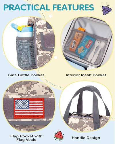 Tactical-style Lunch Bag 5L Kids Lunch Bag with Adjustable Shoulder Strap Easy to Clean Leakproof Wipeable liner Toddler Lunch Box Bag for Boys Girls School and Daycare - color: ACU Camo