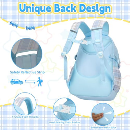 Girls Backpack with Lunch Box Set, 5pc Blue Cute Kawaii Bookbag for Teens, Aesthetic School Backpack for Elementary - color: Blue