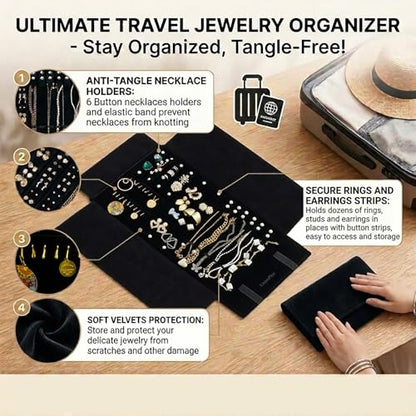 UnionPlus Velvet Travel Jewelry Case Roll Bag for Necklaces Brackets Earrings Rings, Black - color: Black Multi, size: Medium