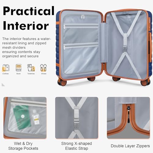 Luggage Sets 3 Piece with Spinner Wheels, Lightweight PC Hardside Suitcase with TSA Lock & YKK Zippers, 20 Inch Carry On Luggage with Travel Bag for Men and Women, Blue - color: Blue, size: 3 Piece Set (20inch)