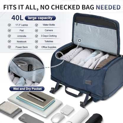 40L Travel Backpack, TSA Friendly Flight Approved Carry on Backpack for Men Women, Fits 17.3 Inch Laptop with USB-A&C Ports, Weekender Bag, Blue - color: Blue