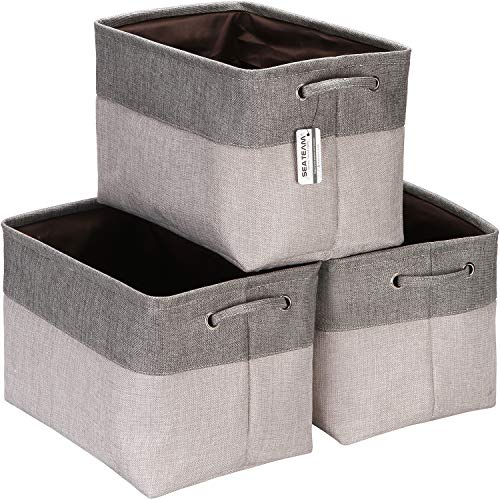 Sea Team 3-Pack Large Storage Basket Set, Trunk Organizer, Clothes Toys Bin, 15 x 10 x 10 Inches, Big Rectangular Canvas Fabric Collapsible Shelf Box with Handles for Kids Room (Ash Grey/Grey) - color: Ash Grey/Grey, size: Medium/15 x 10 x 10"