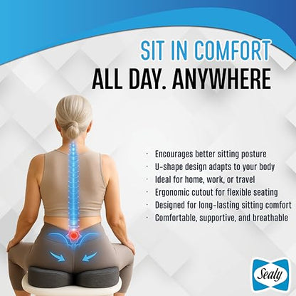 Sealy Memory Foam Seat Cushion for Car and Office Chairs Tailbone Pain Relief, Posture Support, and Comfort for Home Office Use