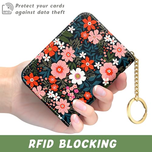 Aiawoxc Credit Card Holder, Small RFID Wallet Slim Leather Card Organizer Case with Zipper and Keychain, Cute Flowers - color: B-Cute Flowers, size: Keychain