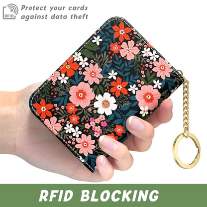 Aiawoxc Credit Card Holder, Small RFID Wallet Slim Leather Card Organizer Case with Zipper and Keychain, Cute Flowers - color: B-Cute Flowers, size: Keychain