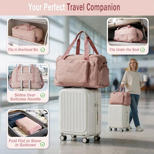 Travel Duffel Bag, 30–40L Expandable Weekender Bag with Shoe Compartment, Foldable Carry On Travel Bag with Wet Pocket and Matching Pouch - color: Pink