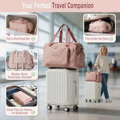 Travel Duffel Bag, 30–40L Expandable Weekender Bag with Shoe Compartment, Foldable Carry On Travel Bag with Wet Pocket and Matching Pouch - color: Pink
