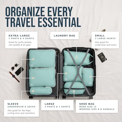 Large Compression Packing Cubes for Travel-Packing Cube Luggage Organizers 7 Piece Set for Checked Luggage-Ultralight, Expandable/Compression Bags by TRIPPED Travel Gear (DustyTeal/White) - color: DustyTeal/White