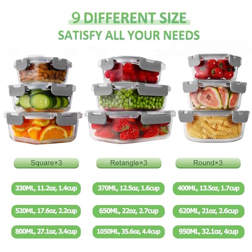 HOMBERKING Glass Food Storage Containers with Lids, [18 Piece] Glass Meal Prep Containers, Airtight Lunch Bento Boxes, BPA-Free & Leak Proof (9 lids & 9 Containers) - Grey - color: Grey