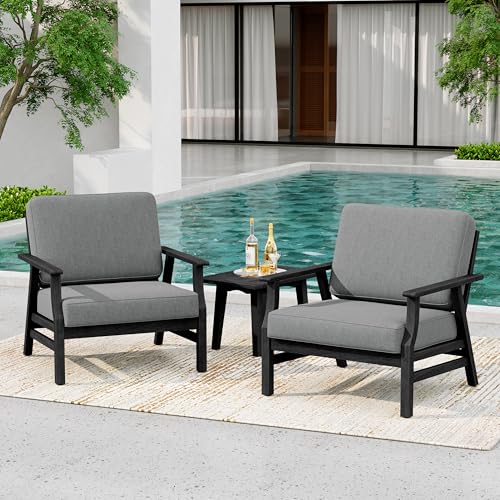 3 Piece Wood Patio Chair Outdoor Bistro Set, Outdoor Armchair All Weather Patio Sofa Furniture Backyard Conversation Sets with Dark Wooden Side Table, Grey - color: Grey/Dark, size: 3PCS
