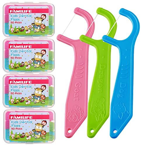 FAMILIFE Dental Floss Picks Kids flossers Toddler Threaders Children Unwaxed Unflavored Fluoride Free Dental Floss Child Kid Flossing Sticks with Travel Cases 200 Picks - color: Animal 200 Pcs