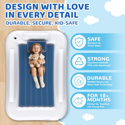 Inflatable Toddler Travel Bed - 60 Inches Portable Toddler Bed for Travel with Safety Sides - Cozy Kids Air Mattress Set with Built-in Electric Pump & Carry Case- Easy to Inflate - Sea Blue - color: Blue